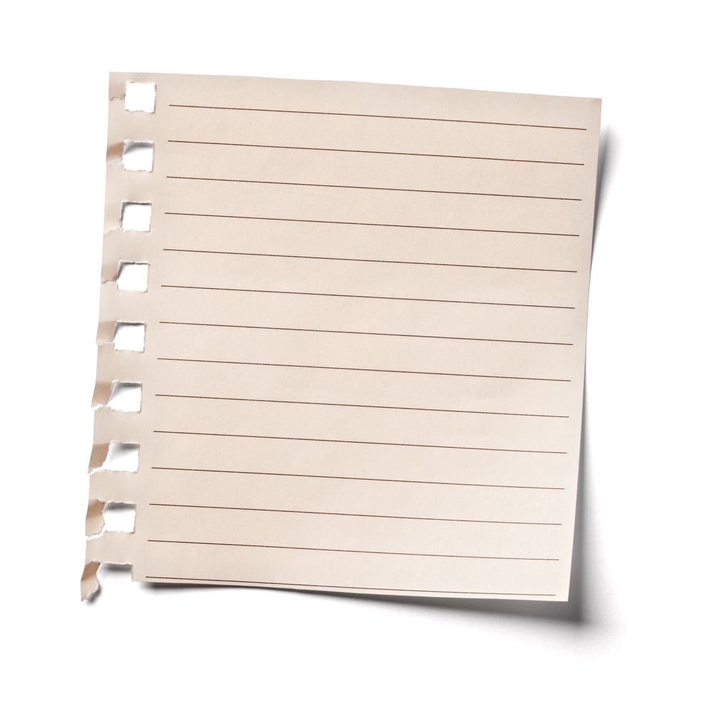 close up of a vintage note paper on white background